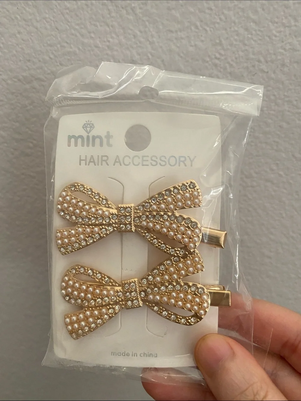 Mint Gold Bow Clips with Pearls & Rhinestones - Set of 2
